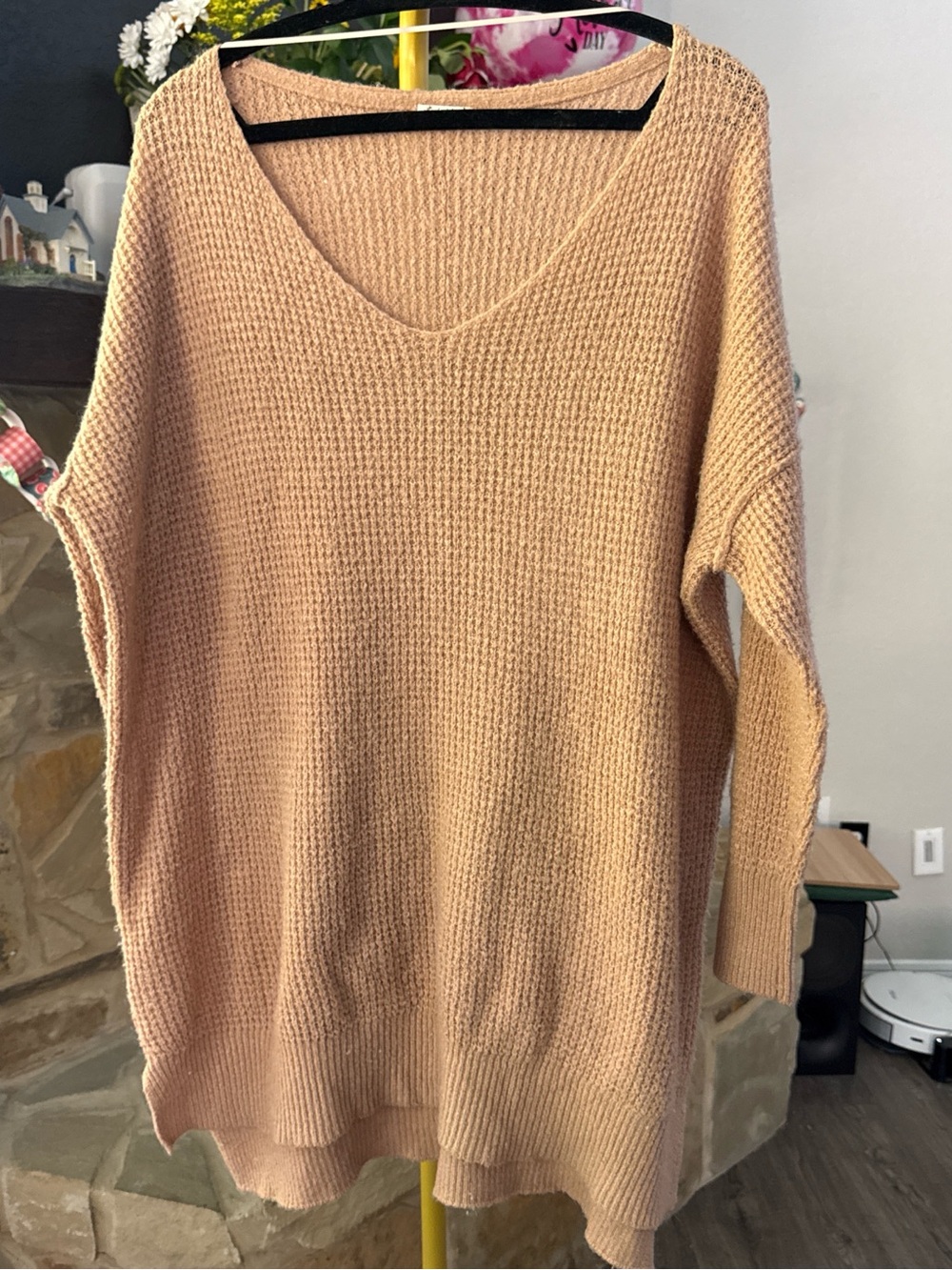 Free People Oversized V-Neck Tunic Sweater in Blush Peach